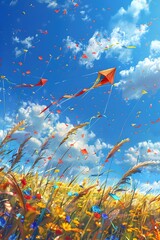 Wall Mural - Vibrant Kites Soaring in a Bright Azure Sky,Cascading Tails in Mesmerizing Impressionist Dance