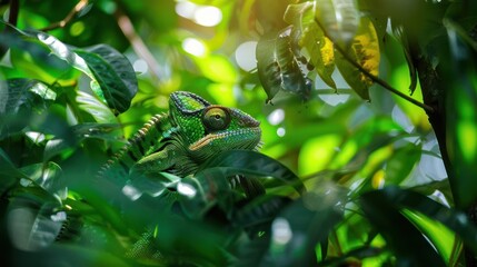 Wall Mural - chameleon camouflaged in lush green rainforest blending with vibrant foliage nature wildlife concept photo
