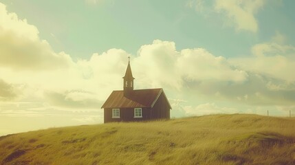 charming old wooden church on grassy hill in iceland vintage effect landscape photography