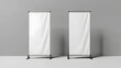 © Prasanth - The white empty portable booth stand or roll up board is ideal for advertising and promotion. This realistic modern illustration set includes a blank vertical pull-up information banner mockup for