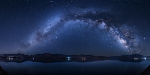 A serene horizon under a starry night sky, with reflections on calm waters, showcasing the beauty of the cosmos.