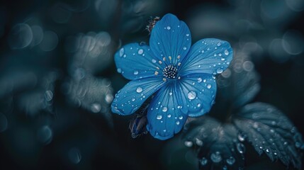 Poster - Macro photography of a small blue wild flower with water droplets on a dark background creatively edited with bokeh effects