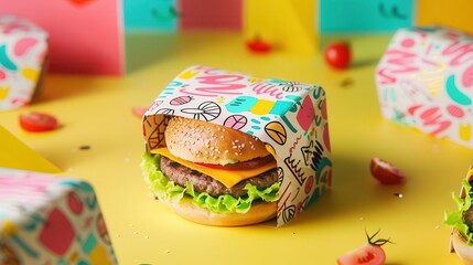 creative burger wrapper design with colorful graphics and patterns fast food packaging concept