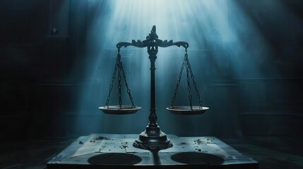 Wall Mural - dramatic scales of justice in shadowy courtroom concept photo for law and order