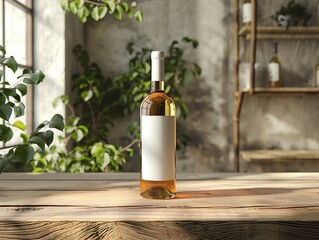 close-up of a blank white wine bottle mockup on a rustic wooden table