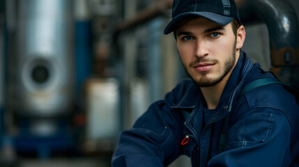 Wall Mural - A closeup shot of an attractive young male plumber in dark blue workwear 