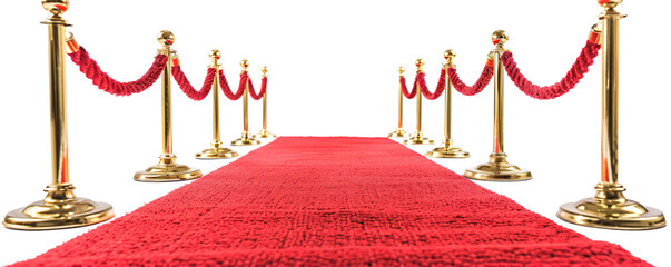 Red rope on golden stanchions with a red carpet on transparent bacakground