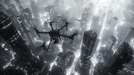 Top view of a backlit quadcopter flying over majestic skyscrapers. Brightly lit city. Black and white illustration. Concept of transport, surveillance.