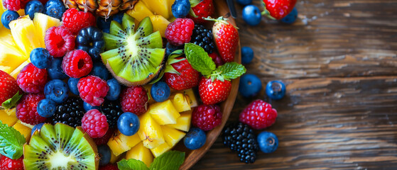 A bowl of fruit with a variety of berries, kiwi, and pineapple