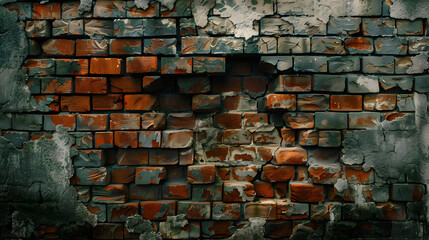 Wall Mural - A cracked barrier of bricks with a noticeable cavity centrally located. The scene behind is dim and puzzling. 