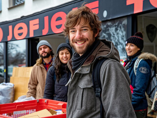 Canvas Print - A man with a beard and a scarf is smiling at the camera. He is standing next to a group of people, including a woman with a backpack. The group is in front of a store with a red and black sign