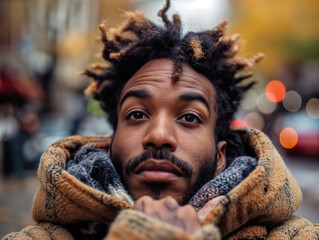 Wall Mural - A man with dreadlocks and a beard is wearing a brown jacket and scarf. He is looking at the camera with a serious expression