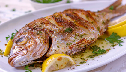 Canvas Print - A fish is on a white plate with lemon slices and parsley