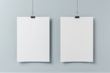 Realistic A4 paper blank posters hanging on paperclip on wall. Realistic mockup