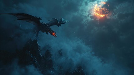 Wall Mural - Powerful dragon flying in sky with heavy clouds.