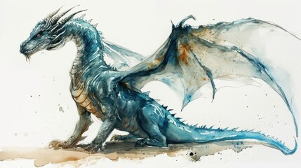 Wall Mural - Watercolor drawing of dragon over white background.
