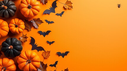 Wall Mural - Happy Halloween holiday concept. Halloween decorations, pumpkins, bats, maple leaves on orange background. Minimal style. Flat lay, top view.