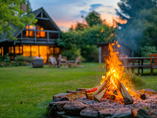 Wall Mural - A fire is burning in a fire pit in front of a house. The fire is surrounded by logs and there are chairs and a bench nearby. The scene is peaceful and relaxing, with the fire providing warmth