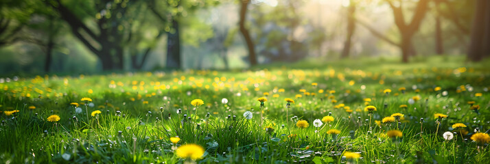 Poster - Beautiful spring natural background. Landscape with young lush green grass with blooming dandelions against the background of trees in the garden.