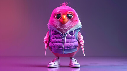 A delightful pink animated bird head in a purple vest and white sneakers. 