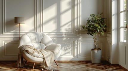 A white wall with minimalistic white wood paneling and a chair with a bedspread, a lamp on the floor