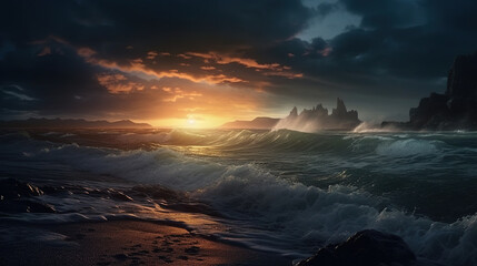 Wall Mural - a sea with dark waves, a thundering sky, wind, a piece of land in the distance