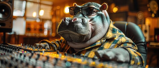 Hippopotamus wearing plaid shirt and sunglasses at mixing desk
