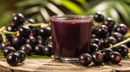 Poster - Close-up of a glass of fresh acai berry juice, deep purple color, surrounded by acai berries on the vine, tropical plantation setting, vibrant and exotic 