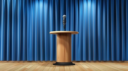 A 3D realistic empty wooden announcement lecture speech podium or pedestal stand with a microphone is illustrated against a blue curtain background in a vector illustration