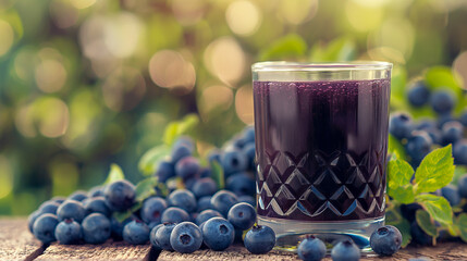 Poster - Close-up of a glass of fresh blueberry juice, blueberry bushes in the background with ripe blueberries, vibrant and sunny 