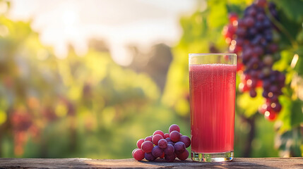 Poster - Close-up of a glass of fresh grape juice, vineyard in the background with ripe grapes hanging from the vines, sunny and lush setting 