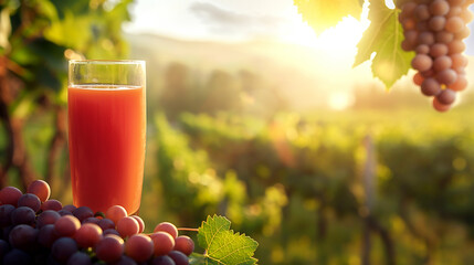 Wall Mural - Close-up of a glass of fresh grape juice, vineyard in the background with ripe grapes hanging from the vines, sunny and lush setting 