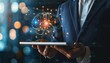 © ZeNDaY - Innovative Business Analysis - Businessman Using Digital Brain Interface to Access Analytics and Insights on Tablet