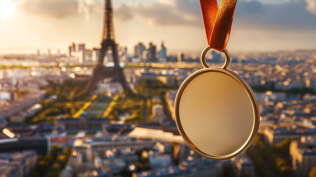 Close-up of a gold medal with a ribbon, mockup design, detailed texture, against a blurred backdrop of the Eiffel Tower and Paris cityscape, bright and sunny day 