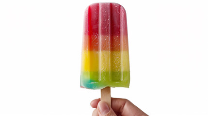 Poster - Close-up of a hand holding a vibrant fruit popsicle ice cream stick, colorful and refreshing, summer vibes, isolated on a white background 