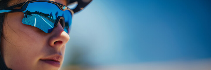 Close-up of a person wearing sporty sunglasses, reflection of a cycling path in the lenses, active and dynamic, bright and sunny day 