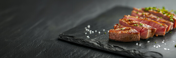 Wall Mural - Close-up of a sliced grilled steak, medium-rare, with juices seeping out, garnished with thyme and coarse salt, served on a black slate platter, empty space for text 