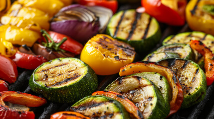 Wall Mural - Close-up of a variety of grilled vegetables including bell peppers, zucchini, and onions, charred and colorful, healthy and delicious, empty space for text 