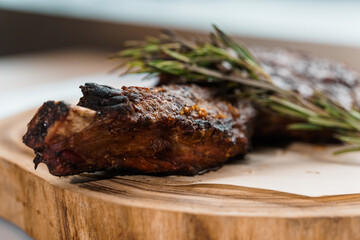 Wall Mural - Pork steak with sauce on a wooden board