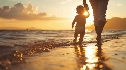 Little cute baby walk with parents outdoors with warm sunlight at beach