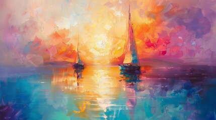 A colorful oil painting on canvas texture portrays an impressionism image of seascape paintings with a sunlight background featuring modern art oil paintings with boats and sails on the
