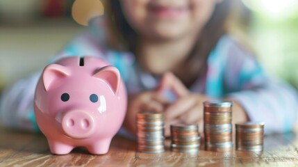 Wall Mural - Happy little child holding a pink piggy bank