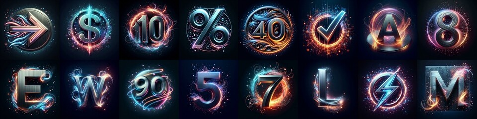 Metal letters and neon glow lightning Lettering Typeface. AI generated illustration