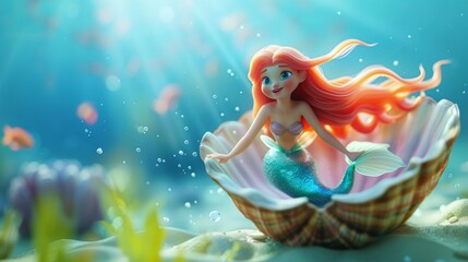 Wall Mural - Beautiful mermaid in shell in deep sea.