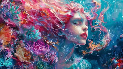 Wall Mural - Beautiful mermaid swimming underwater in deep sea.