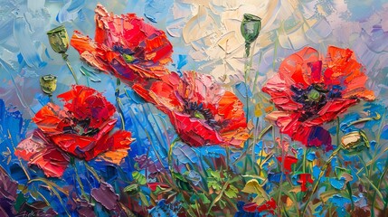 Wall Mural - A flowers painting showcases red poppies in oil paintings landscape impressionism artwork capturing the beauty of nature through art