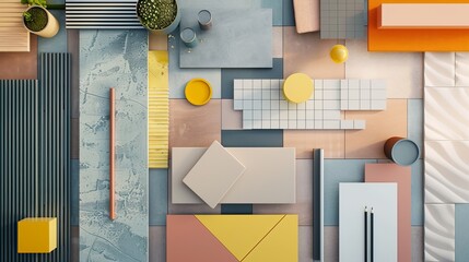 A flat lay presentation of interior design material boards is depicted offering inspiration for architecture or home office decoration in a 3D illustration