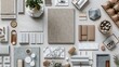 © Khalida - A flat lay presentation of interior design material boards is depicted offering inspiration for architecture or home office decoration in a 3D illustration