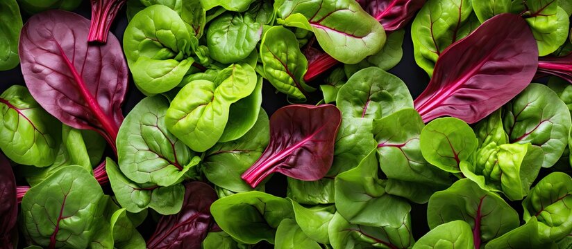 A top down view of fresh arugula lettuce spinach and beets leaves arranged as a background for a salad The image includes an empty space for text. Copyspace image
