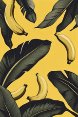 Wall Mural - Juicy ripe flying banana and green leaves isolated on yellow background.